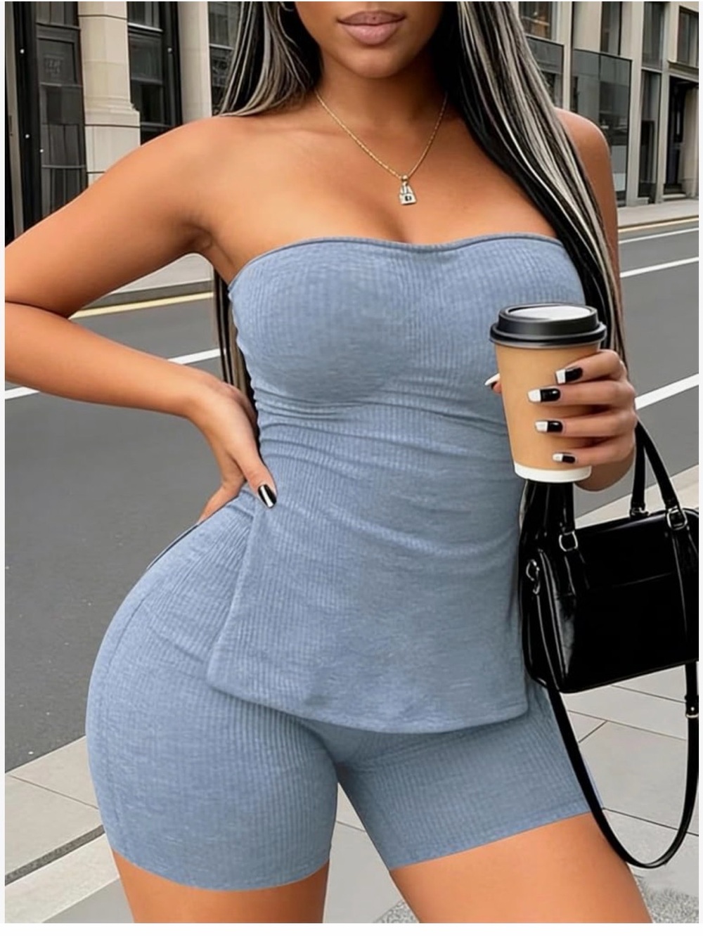 Women's Strapless Ribbed Two-Piece Set - Light Blue